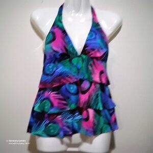 Caribbean Joe Pink & Green Peacock Feather 3-Teired Halter Tankini Top NWT 10